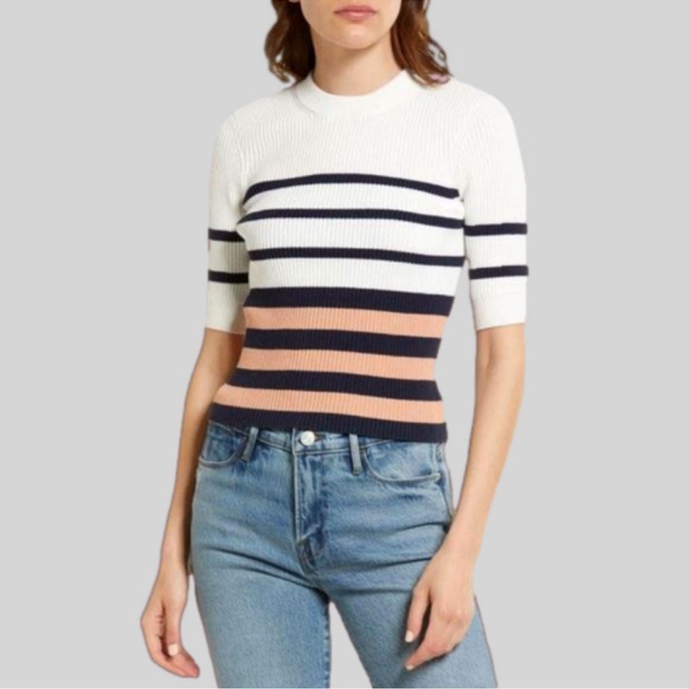 FRAME Denim Shrunken Rib Crew Short Sleeve Sweater in Pink Clay Multi size XS